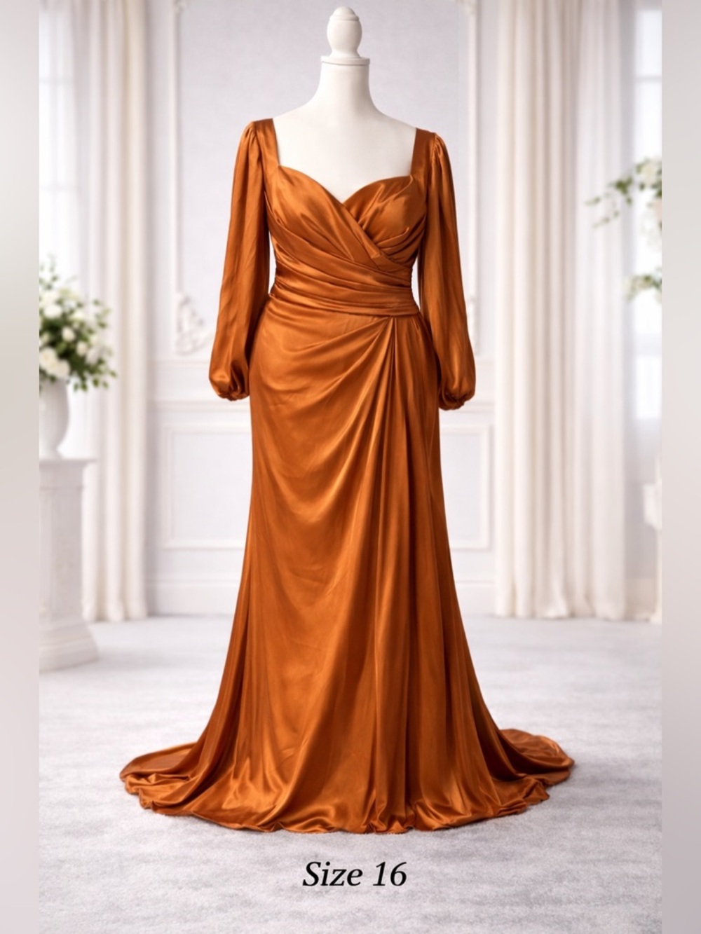 Elegant Copper Satin Long Sleeve Evening Dress
